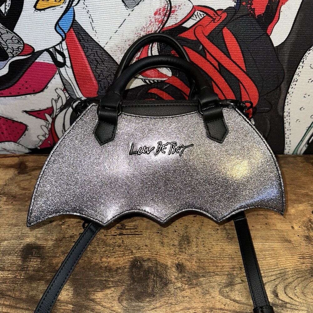 USED Betsey Johnson Glitter Bat Crossbody Top Handle Bag Purse Black Silver